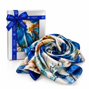 Esarfa premium dama cu imprimeu floral abstract, 70 x 70 cm, Albastru