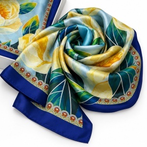 Esarfa premium dama cu motive florale, 70 x 70 cm, Bleumarin - Img 4
