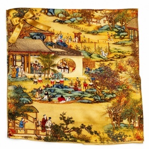 Esarfa premium dama cu peisaj oriental, 70 x 70 cm, Auriu - Img 2