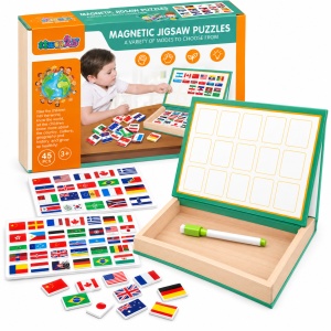 Joc educativ magnetic din lemn cu steagurile lumii, tabla si marker, cutie de depozitare, multicolor, 3+ ani - Img 2