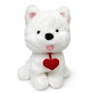 Jucarie de plus Catelus alb cu medalion inima rosie, inaltime 35 cm