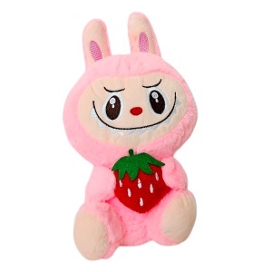 Jucarie de plus iepuras in stil Labubu, cu capsuna, 27 cm, Roz
