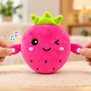 Jucarie de plus interactiva si muzicala Capsuna, cu senzor tactil, roz neon, 18 cm, 3 ani+