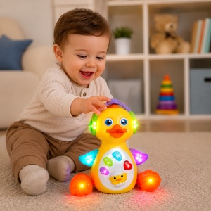 Jucarie interactiva Duck Waver, ratusca dansatoare cu muzica si lumini, 22 cm - Img 2