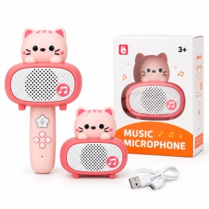 Microfon karaoke Bluetooth pentru copii cu boxa detasabila, efecte sonore si cablu USB, model Pisicuta, Roz, 3 ani+