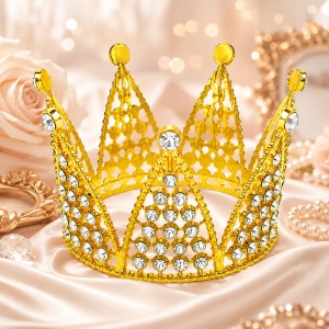 Mini coroana decorativa aurie cu cristale stralucitoare, 7x5,5 cm