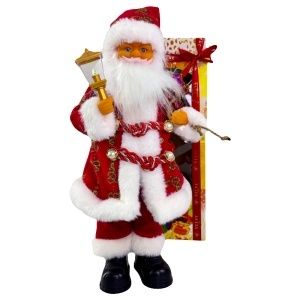 Mos Craciun animat care canta si danseaza, cu felinar si sac cu cadouri, 43 cm, Rosu-Auriu