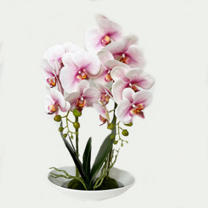 Orhideea aritificiala cu aspect natural in ghiveci ceramic, stil barcuta, roz- alb