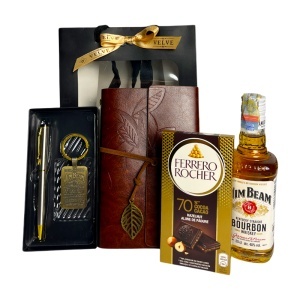 Pachet barbati Gentleman Premium, agenda vintage, whisky Jim Beam 200 ml, Ferrero Rocher, set pix si breloc - Img 3