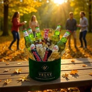 Pachet Beer pentru barbati, in cutie verde de catifea, cu selectie de dulciuri, bere Ursus Premium 500 ml si doua trabucuri Premium Punta Cana brown - Img 3