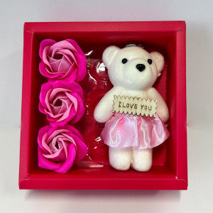 Pachet cadou Teddy Ballerina, ursulet de plus cu fusta tutu si mesaj serigrafiat pe placuta de lemn, 11 cm si trandafiri de sapun, toate ambalate in cutie asortata, Roz fucsia