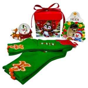 Pachet Christmas Delight, cu figurina tematica decorativa, ciocolata Heidi si sosete de Craciun, in cutie decorativa cadou
