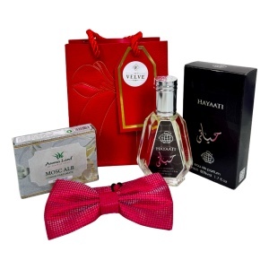 Pachet Christmas Elegance, pentru barbati, cu parfum, conuri parfumate, papion elegant si punga cadou, Rosu