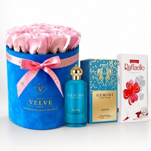 Pachet Crystal Beauty cu aranjament floral, parfum arabesc Gemini Pour Femme, Riiffs 100ml si praline Raffaello - Img 2