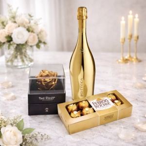 Pachet Glamour, cutie tip sertar trandafir criogenat auriu, Prosecco Bottega Gold, praline Ferrero Rocher