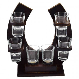Set, suport din lemn in forma de U pentru bautura traditionala cu 6 pahare