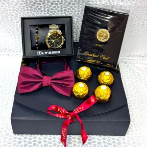 Pachet Opulent pentru barbati, cu praline Ferrero Rocher, papion, set ceas si bratara, parfum arabesc, apa de parfum Lattafa Opulent Oud 100 ml, in cutie cadou