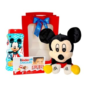 Pachet pentru copii cu jucarie de plus Mickey Mouse, Kinder Chocolate si gel de dus, in punga cadou