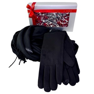 Pachet Secret, pentru femei, cu esarfa lunga Belladona si manusi elegante, asortate, in cutie cu fereastra, Negru