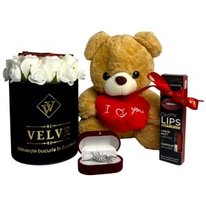 Pachet Special Valentine, cu ursulet plus 25 cm, aranjament cu 9 trandafiri de sapun, brosa si set cosmetice, in cutie cadou - Img 7