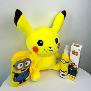 Pachet The Joy pentru copii, jucarie de plus Pikachu, 2in1 Minions Sampon si Gel de dus 400ml si apa de colonie Minions spray 200 ml, in punga cadou - Img 3