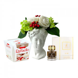 Pachet Vaza Adonis cu aranjament floral inclus, praline Raffaello 150gr, parfum arabesc Apa de Parfum Signatures No 3, Maison Alhambra, Unisex - 50ml
