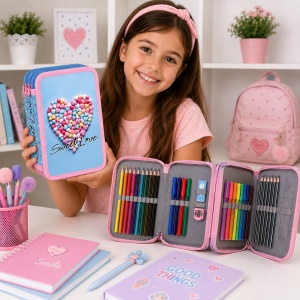 Penar echipat Sweet Love, 3 fermoare, 38 piese, bleu-roz - Img 3