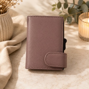 Portcard unisex Hassion din piele naturala, sistem pentru carduri si inchidere cu capsa, Cappuccino - Img 2