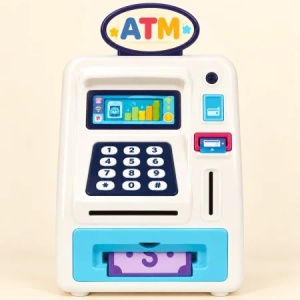 Pusculita electronica pentru copii, tip bancomat ATM, cu parola, lumini si sunete, 3 ani+, Albastru - Img 4