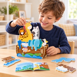 Puzzle 3D gigant Arca lui Noe, 12 piese si carte ilustrata, multicolor, 3+ ani - Img 4