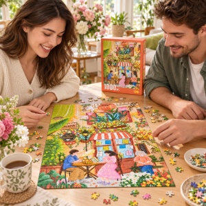Puzzle Cafenea cu flori, 1000 piese, ilustratie picturala multicolora - Img 3