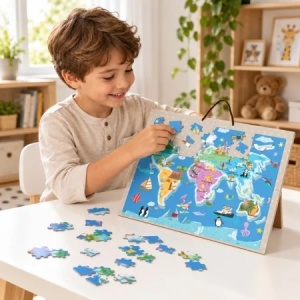 Puzzle magnetic educativ Harta Lumii, 168 piese, animale si obiective turistice, cu snur, 3+ ani - Img 3