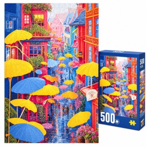 Puzzle Strada cu umbrele colorate, 500 piese, peisaj urban, multicolor