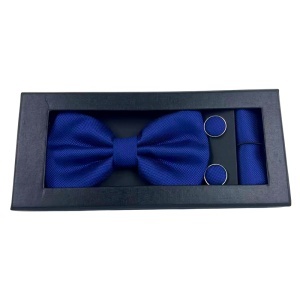 Set 3 piese Elegant pentru barbati, cu papion, butoni si batista din stofa, Albastru