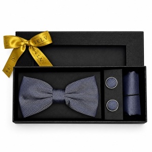 Set 3 piese Elegant pentru barbati, papion, batista si butoni, Albastru otel