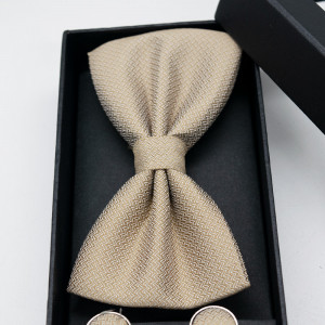 Set 3 piese Elegant, pentru barbati, papion, buton si batista din stofa, crem, E1