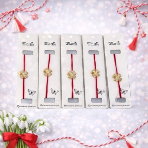 Set 5 Bratari Martisor, trifoi cu patru foi, cristale si snur rosu reglabil