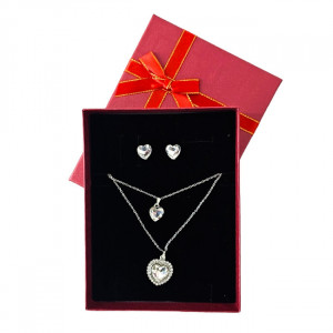 Set accesorii Danser a Deux, din inox, cu cercei, sirag cu doua lanturi si pandativ cu pietre, in cutie eleganta, Silver Heart Alb
