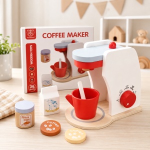 Set aparat de cafea din lemn pentru copii, Coffee Maker, 6 piese, 3 ani+