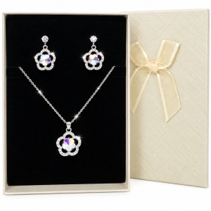 Set bijuterii dama Feeling Flower din inox cu colier si cercei, pandantiv floare cu cristale, in cutie eleganta