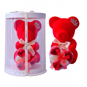 Set cadou, cu ursulet decorativ cu catifea si trandafiri de sapun, in cutie transparenta, Alb/Rosu 1