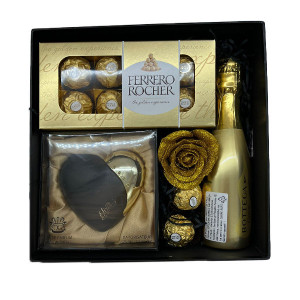 Set cadou dama, Cutie eleganta cu Parfum Chic'n Glam Elixir 100ml, Bottega Gold de 200ml,10 praline Ferrero Rocher si un trandafir din sapun gold cu sclipici