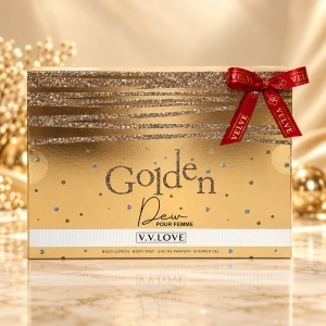Set cadou femei V.V.LOVE Golden, apa de parfum 30 ml, body mist, gel de dus si lotiune de corp - Img 5