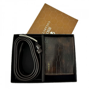 Set cadou pentru barbati JESOU COLLECTION, cutie cu portofel si curea din piele, Maro - Img 1