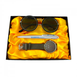 Set cadou pentru femei MATTEO FERARI, cutie cu trei articole practice, ceas dama, ochelari de soare si pix 20.5x15cm, Kaki
