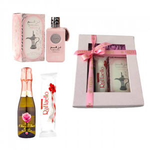 Set cadou Spring Aromas, cu parfum arabesc Dirham Wardi de la Ard al Zaafaran, trandafiri de sapun, spumant Bottega si praline, in cutie cadou
