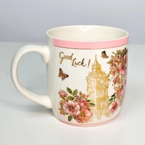 Set cana „Good Luck” cu lingurita si farfurie, din ceramica, decor floral roz, in cutie eleganta - Img 4