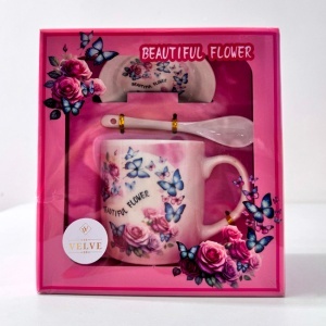 Set cana ceramica, farfurie si lingurita, Beautiful Flower, ambalata in punga cu fereastra, 200ml - Img 3