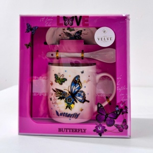 Set cana ceramica, farfurie si lingurita, Butterfly, ambalata in punga cu fereastra, 200ml - Img 4