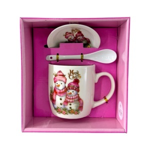 Set cana ceramica, farfurie si lingurita, Merry Christmas Pink Snowman, ambalata in cutie cu fereastra, 200ml
